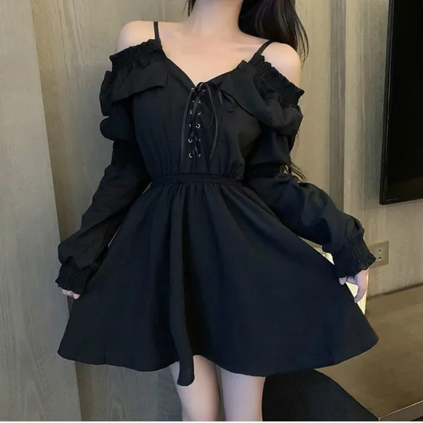 Goth Black Off Shoulder Party Dress, Women Oversized Elegant Long Sleeve Mini Dress, Rock Summer Ruffle, Fashion Plus Size Gothic Dress