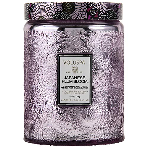 Voluspa Japanese Plum Bloom Candle | Large Glass Jar | 18 Oz | 100 Hour Burn Time | All Natural Wicks and Coconut Wax for Clean Burning - Japanese Plum Bloom Candle