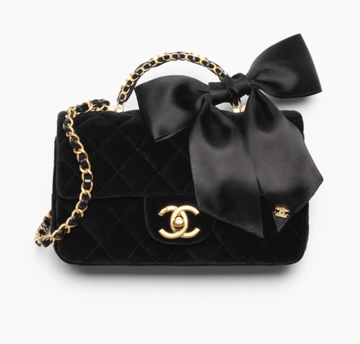 Mini flap bag with top handle, Velvet, silk & gold-tone metal, black — Fashion | CHANEL