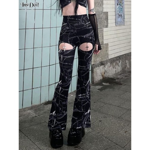 R$80,43  46%OFF | InsDoit Gothic Hollow Out Black Flare Pants Punk Cross Mental Print Trousers Street Harajuku Skinny Sexy Transparent Women Pants