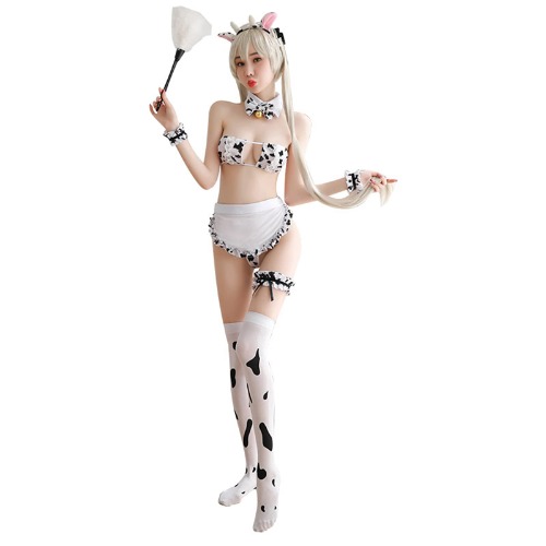 Womens Sexy Maid Cosplay Lingerie Furry Milk Cow Costume Kawaii Anime Bikini Set Mini Leopard Bra and Panty Outfit
