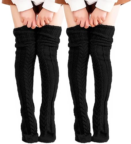 VETHIN Women's Cable Knit Thigh High Socks - Over Knee High Long Leg Stockings - Extra Long Winter Boot Leg Warmers - One Size - 2pcs Black