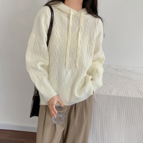 Womens Cable Knit Sweater With Hood - Beige / One Size