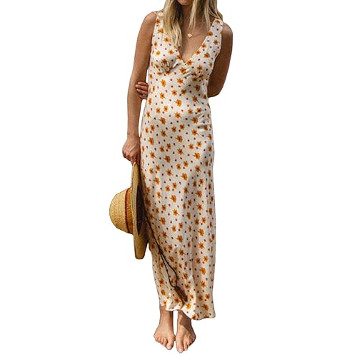 Women Floral Maxi Dress Y2k Deep V Neck Sleeveless Backless Sundress Summer Vacation Wedding Guest Long Dress - Small - Yellow Flower Print