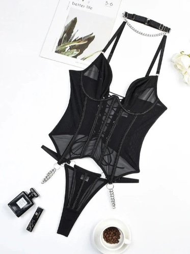 Backless Lace Corset Tops Lingerie Set - Black / S