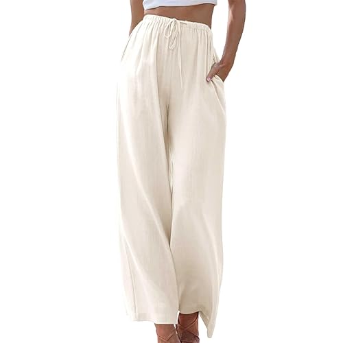 Duyang Womens Cotton Linen Palazzo Pants Drawstring Elastic Waist Casual Wide Leg Trousers with Pockets - Medium - Apricot