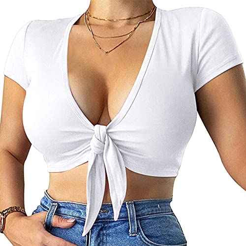 LCNBA Deep v Neck Short Sleeve Crop Top,Bandage Cross Wrap Tie Up Crop Tops - Small - White