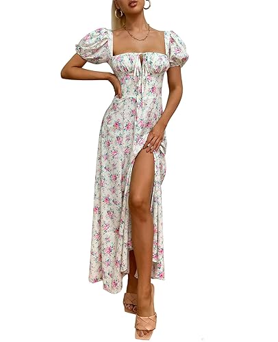 Women's Summer Puff Sleeve Floral Split Maxi Dress Flowy A Line Casual Beach Long Dresses 2025 - Small - Print