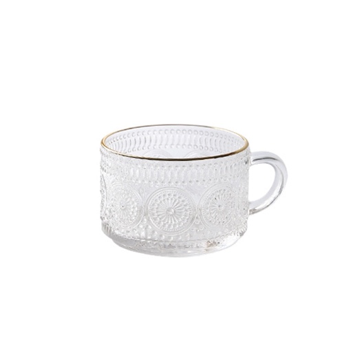 Embossed Trendy Glass Mug Coffee Cup - Gerbera Golden edge