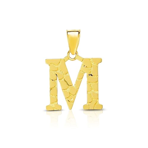 Floreo 10k Yellow Gold Nugget Style Block Personalized Initial Alphabet Pendant with Optional 18" Necklace - M