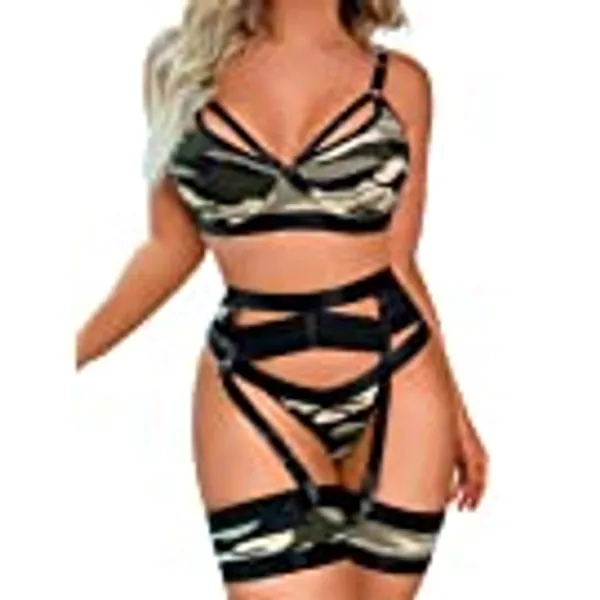 Kaei&Shi Garter Lingerie For Women,Sexy Lace Lingerie,Sheer Matching 4 Piece Lingerie Set