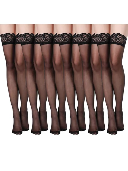 6 Pairs Thigh High Stockings Lace Tights Silky Semi Sheer Stocking for Women Girls