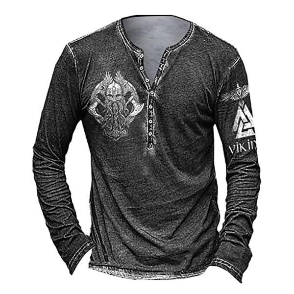 Retro Long/Short Sleeve Henley Shirts for Men,Gothic Printed Skull Double Headed Eagle Vintage Fit T-Shirt