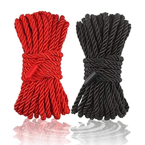 Penfeinx 2-Pack Soft Braided Twisted Silk Rope Durable Thick Rope Skin Friendly Smooth Rope 10 Meters/32 Feet 8MM Multipurpose Protecting Ending Decorative Twisted Long Satin Rope DIY Craft Black-Red