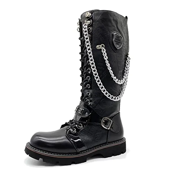 youxiaoyou Men's Fashion Punk Motorcycle Boots Retro Metal Chain Lace Up Mid-Calf Boots