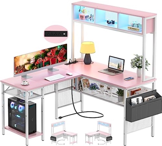 Unikito L Shaped Computer Desk with LED Strip and Power Outlets, Reversible L-Shaped Corner Desk with Storage Shelves and Bag, Industrial Home Office Desk Gaming Table with USB Port, Pink - Pink