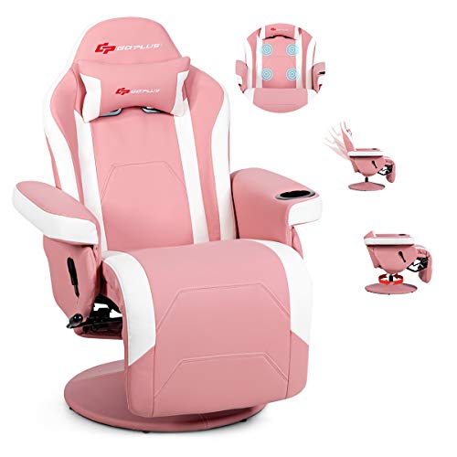 POWERSTONE Gaming Recliner Massage Gaming Chair with Cup Holder Ergonomic PU Leather Single Sofa with Footrest and Side Pouch, Adjustable Living Room Chair Home Theater Seating (Pink) - Height not adjustable - Pink