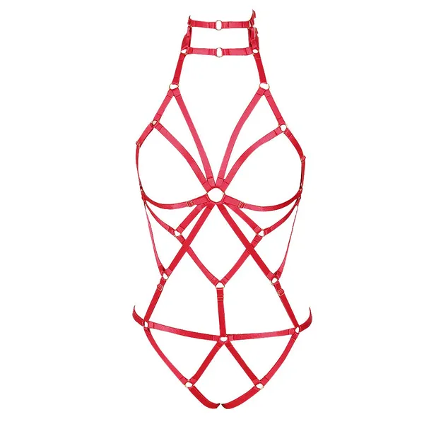 PETMHS Women's Full Body Harness Garters Set Strappy Stockings Elastic Adjust Belt Punk EDC Dance Rave Costume - Red