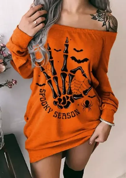 Halloween Spooky Season Skeleton Off Shoulder Mini Dress - Orange - Bellelily