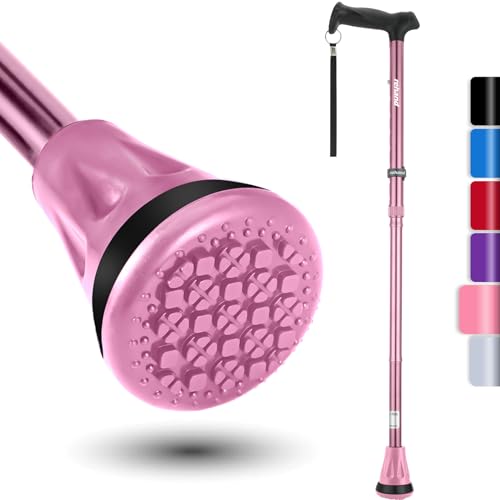 REHAND Walking Cane - Foldable, Adjustable, Collapsible Walking Canes for Men & Women, Heavy Duty All Terrain Tip, with Travel Bag | Walking Sticks for Seniors & Adults - PINK