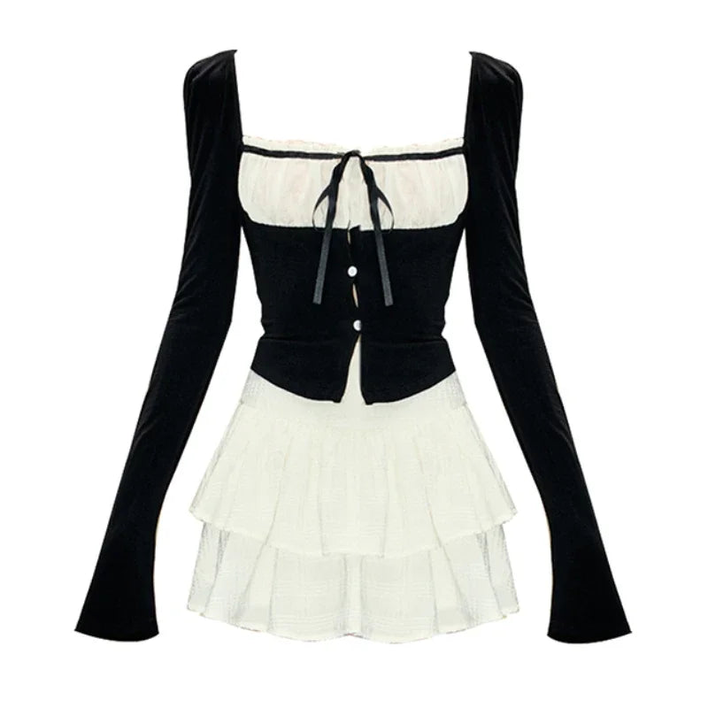Kawaii Lolita Black Y2K 2 Piece Set - set / Size L(50-55Kg)
