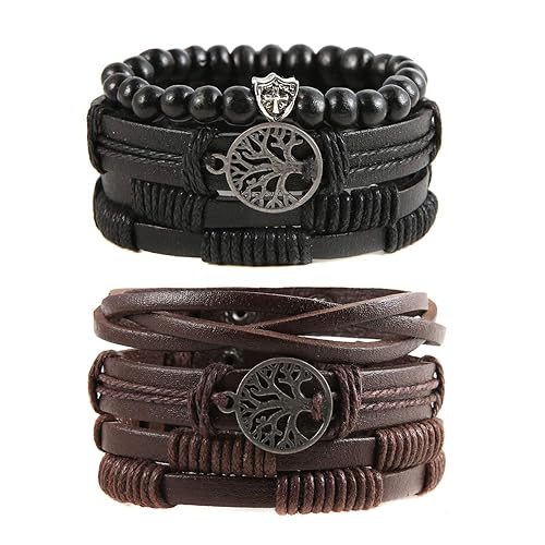 HZMAN Genuine Leather Tree of life Bracelets Men Women, Tiger Eye Natural Stone Lava Rock Beads Ethnic Tribal Elastic Bracelets Wristbands - Upgraded Version