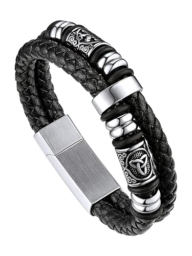 Bandmax Mens Double Row Black Braided Leather Wristband Stainless Steel Beaded Double Layer Leather Cord Wristband Bangle Gift for Men - 01 Steel-Celtic Beads - 9.0 Inches