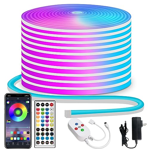 segrass 50ft LED neon Lights 24V RGB LED neon Rope Lights with Remote Control APP Control IP65 Waterproof Flexible Neon LED Strip Lights for Bedroom Room Outdoors - 50FT