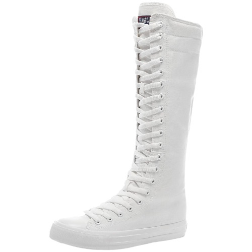 ANUFER Girls Women Fashion Wedge Heel Canvas Knee Boots Zip Dance Boots - 6.5 White-flat