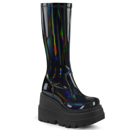 Demonia SHAKER-65 | Black Stretch Patent Hologram Knee High Boots - 09 / Black