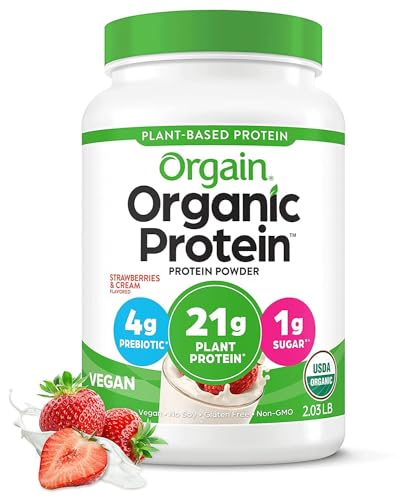 Orgain Organic Vegan Protein Powder, Strawberries and Cream - 21g Plant Based Protein, Gluten Free, Dairy Free, Lactose Free, Soy Free, No Sugar Added, Kosher, For Smoothies & Shakes - 2.03lb - Strawberries & Cream