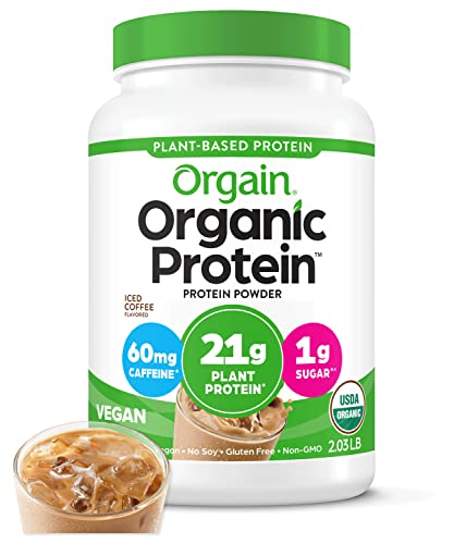 Orgain Organic Vegan Protein Powder, Iced Coffee - 21g Plant Based Protein, Gluten Free, Dairy Free, Lactose Free, Soy Free, No Sugar Added, Kosher, For Smoothies & Shakes - 2.03lb - Iced Coffee - 20 Servings (Pack of 1)