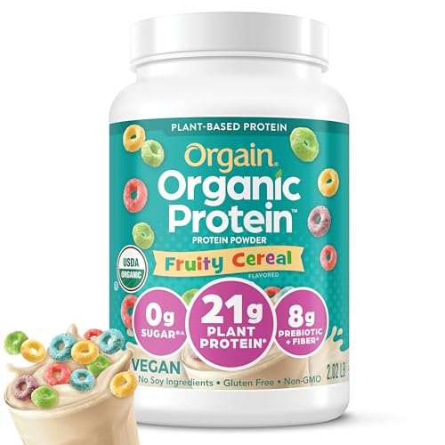 Orgain Organic Vegan Protein Powder, Fruity Cereal - 21g Plant Based Protein, Gluten Free, Dairy Free, Lactose Free, Soy Free, No Sugar Added, Kosher, For Smoothies & Shakes - 2.03 lb - Fruity Cereal