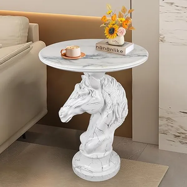 Sprgarde Exquisite‌ End Tables Study Room - ‌Lamp Table with Round Faux Marble Top White Artistict Horse Statue Base NightStand Bedside Simple Table - Cabin
