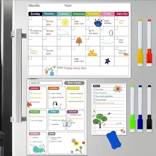 3 Pack Magnetic White Board Dry Erase Set 14.6" x 11" Digital Calendar Planner Wall Magnetic Note Pad for Fridge with Monthly Weekly Whiteboard Daily Schedule Magnet Board 1 Erase 5 Colored Markers