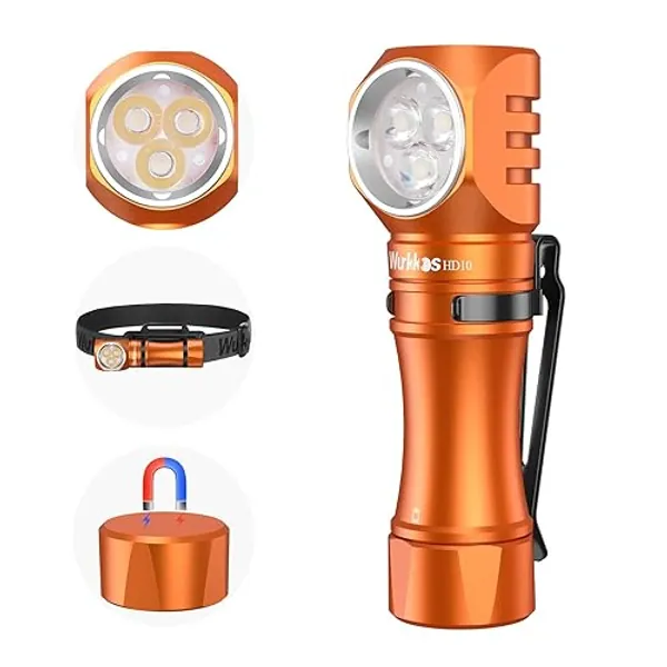 Wurkkos Flashlight Rechargeable 1200 Lumens Small Flashlight with Magnet - HD10 Right Angle Flashlight, Anduril 2.0 RGB UI, IP68 Pocket Flashlight for Headlamp Use,Working,Hiking,Climbing-Orange 4000K - Orange-4000K