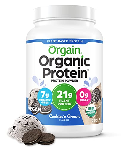Orgain Organic Vegan Protein Powder, Cookies and Cream - 21g Plant Based Protein, Gluten Free, Dairy Free, Lactose Free, Soy Free, No Sugar Added, Kosher, For Smoothies & Shakes - 2.03lb - Cookies & Cream - 10 Servings (Pack of 1)