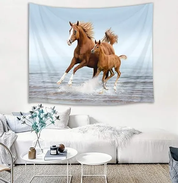 HVEST Galloping Horse Tapestry Horses Running in Sea Water Wall Hanging Animal Tapestries for Bedroom Living Room Dorm Decor,80Wx60H inches - 60L" x 80W" - Brown Blue