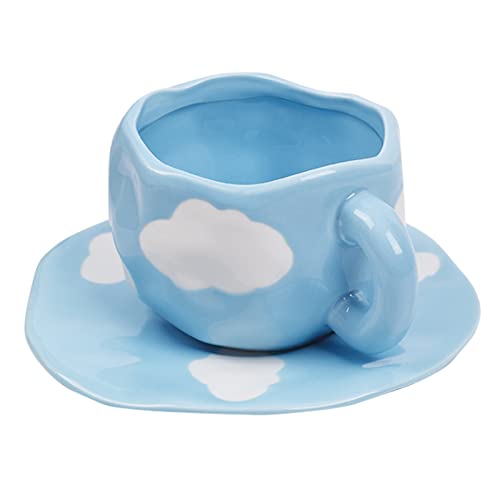 Koythin Ceramic Coffee Mug with Saucer Set, Cute Cloud Coffee Mug and Cup for Office and Home, Blue Sky and White Clouds Cups, 10oz/300ml for Latte Tea Milk - Blue Sky and White Clouds
