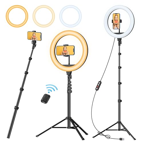 TODI 12" Ring Light with 63" extendable Tripod Stand, Selfie Ring Light with Phone Holder and Remote, Dimmable LED Ring Light & Selfie Stick for Makeup/Live Stream/Photography/Titkok - Black