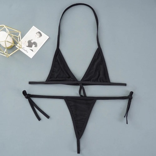 Sexy Mini Bra Sets Wirefree Ultra-thin Mesh Unlined Bra Brief Set Black Transparent 2 Pieces Halter Women's Exotic Lingerie Sets - Black / One Size