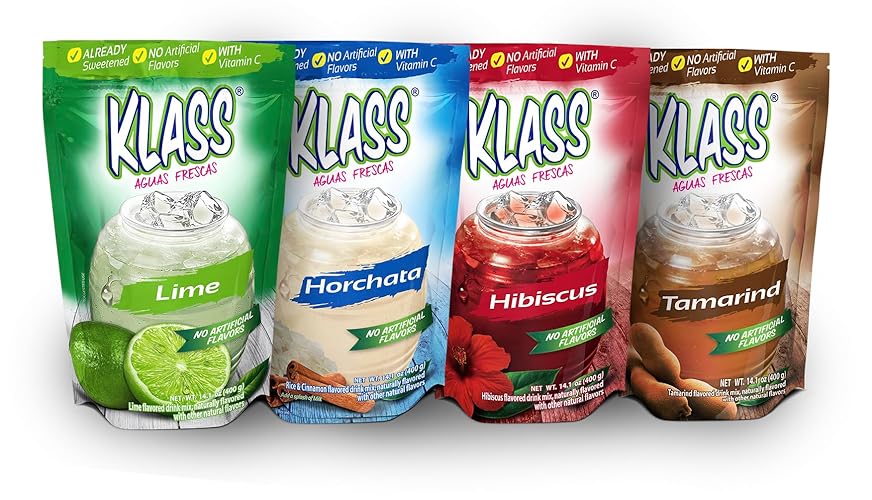 Klass Aguas Frescas | Drink Mix Mexican Variety Pack | Horchata Limeade Hibiscus & Tamarind Drinks | Flavors From Natural Sources, No Artificial Flavors, With Vitamin C (Makes 7 to 9 Quarts) 14.1 Oz Family Pack (4-Pack) - Mexican Pack