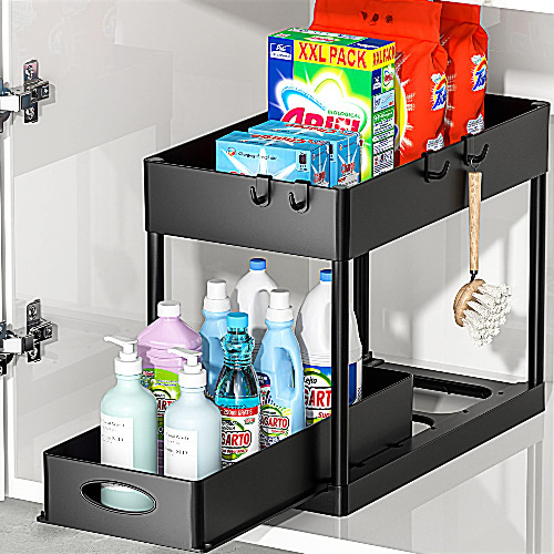 PUILUO Under Sliding Cabinet Basket Organizer, 2 Tier Storage Under Cabinet Bathroom Under Sink Organizers and Storage Black Under Sink Storage for Bathroom Kitchen - Black