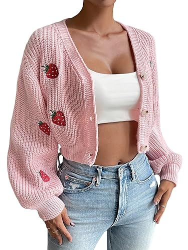 WDIRARA Women's Strawberry Embroidery Crop Cardigan Drop Shoulder Button Up Sweater Tops V Neck Outerwear - Small - Pink