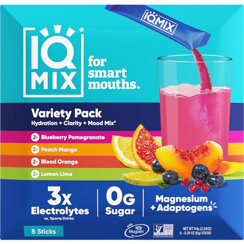 IQMIX Sugar Free Electrolytes Powder Packets - Hydration Supplement Drink Mix with Keto Electrolytes, Lions Mane, Magnesium L-Threonate, and Potassium Citrate - Sampler Pack (8 Count) - All Flavor Sampler - 0.19 Ounce (Pack of 8)