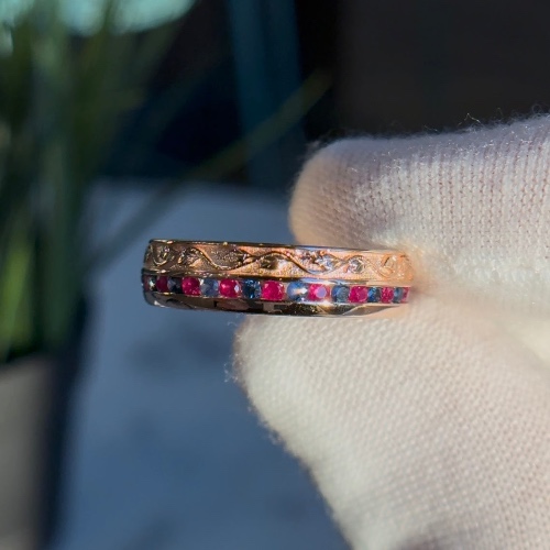 Customized™ Natural Ruby and Sapphire 5mm Band with Leaf Pattern in 10K Solid Rose Gold | 6