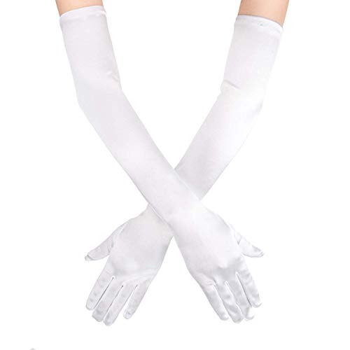 SAVITA Long Elbow Satin Gloves 21 inch Stretchy 1920s Opera Gloves Evening Party Dance Gloves for Women - White