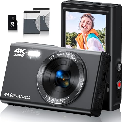 Digital Camera, Saneen FHD Kids Cameras for Photography, 4K 44MP Compact Point and Shoot Camera for Kids, Teens & Beginners with Flash, 32GB SD Card,16X Digital Zoom - Black - 4K & 44MP - Black