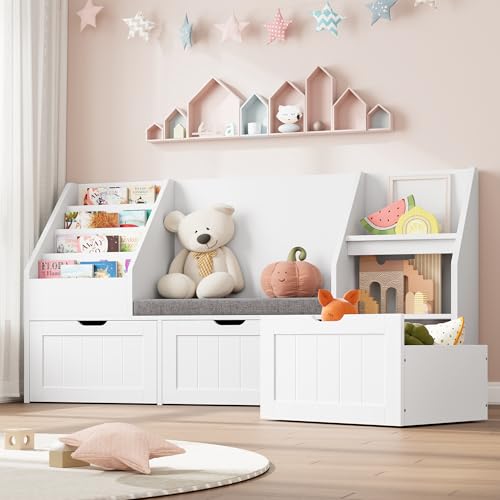 FOTOSOK 55.1’’ Kids Bookshelf with Reading Nook, Toy Storage Organizer with Seat Cushion and 3 Movable Drawers, Kids Reading Nook Toy Organizers and Storage with Bench for Playroom, Bedroom, White - White
