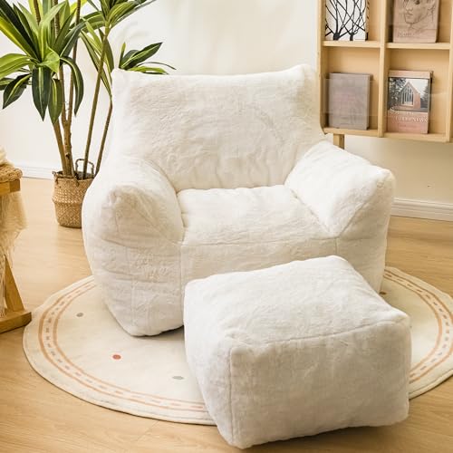 Cvortll Bean Bag Chair with Ottoman, Armrest Bean Bag Chair with Filler, Ultra Soft Fluffy Faux Fur Bean Bag Chair with Foot Rest, Plush Lazy Sofa with Foot Stool for Living Room, Dorm - White